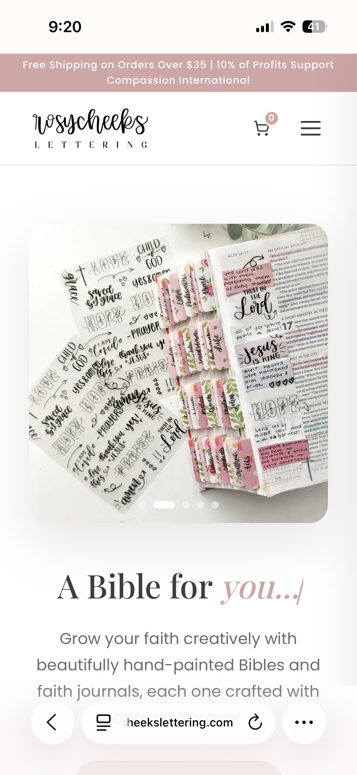 Rosycheeks Lettering mobile website showing hand-painted Bibles